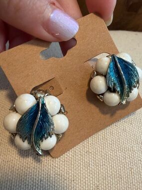 Vintage White Bead Earrings with Blue Leaf Accent